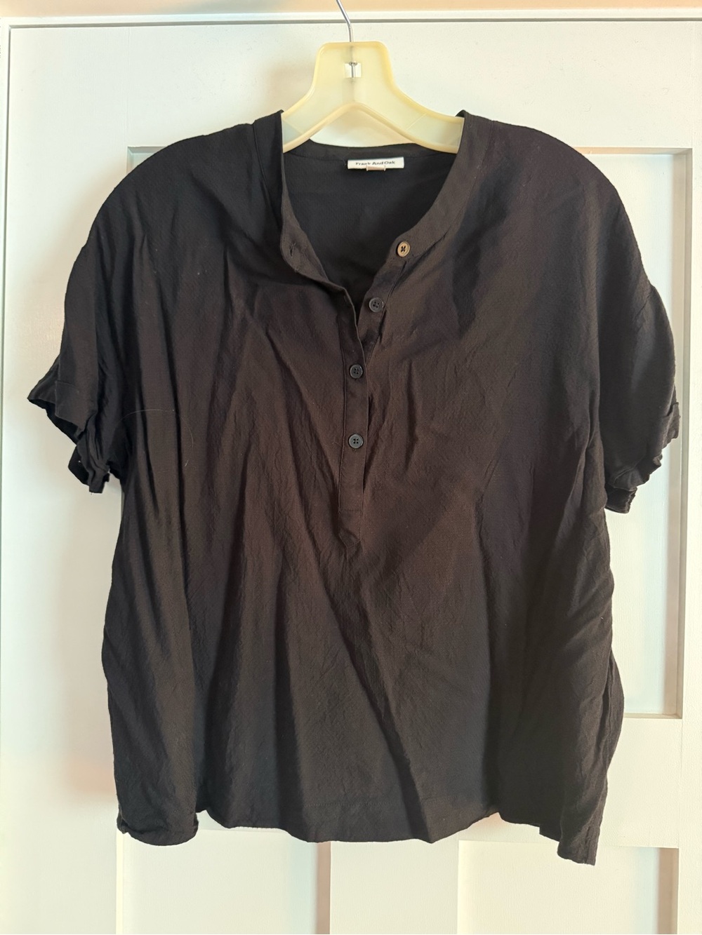 Frank & Oak Black Short Sleeve Button-Up Henley Top